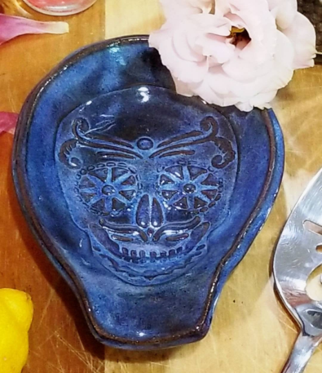 sugarskull spoon rest handmade pottery by North Carolina at EarthenBloom